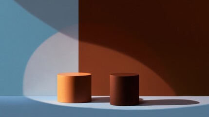 Two cylindrical shapes stand side by side against a split background featuring cool tones on one side and warm brown hue