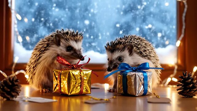 Cute hedgehogs celebrate Christmas with presents and festive decorations in a winter wonderland footage.