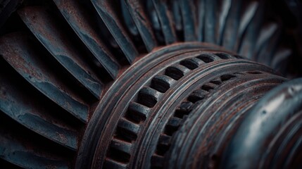 Rusty turbine blade detailed close up with metal textures and dark shadows