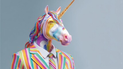 An anthropomorphic creature with a unicorn upper body and human lower body wearing formal attire stands against a plain 