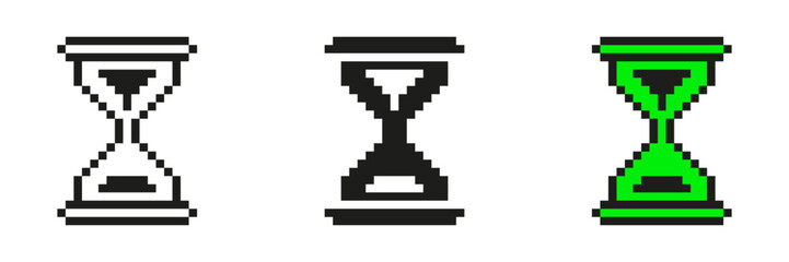 Pixel Art Hourglass Icon Set. Time Management And Countdown Symbol Collection. Retro Sand Timer. Isolated Vector Illustration
