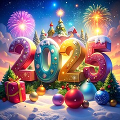 Colorful 2025 New Year's Eve scene with fireworks and decorations