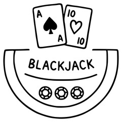 Blackjack table with ace and ten cards