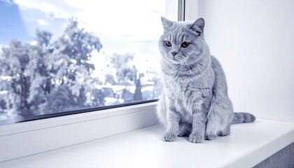A fluffy gray feline sits on a windowsill, looking out at a wintery scene