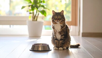 A fluffy feline sits near a bowl in a sunlit room