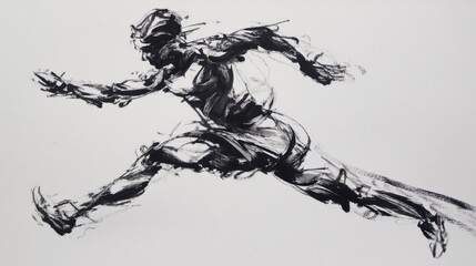 A dynamic black and white illustration captures energetic motion with bold brushstrokes,