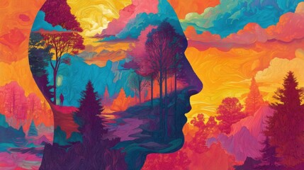 A surreal face profile composed of dense forests, towering trees,