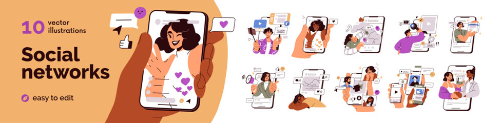 Social media, networks for online digital business, concept set. Internet communication, advertising, content on phone. Likes and emoji reaction. Flat vector illustrations isolated on white background