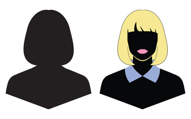 Silhouette of a person next to a stylized illustration of a woman with blonde hair and a blue collar.