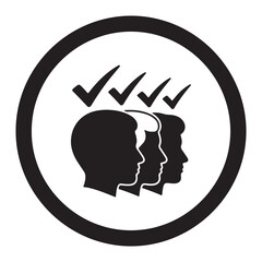 A black circular icon depicting three human head profiles, each with a checkmark above, symbolizing approval, consensus, or selection.