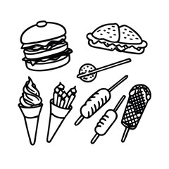 Thick Outline Style Burger, Kebab, Takoyaki, Hotdog, Satay, Dumpling