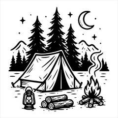 A black and white illustration of a camping scene with a tent, campfire, and pine trees under a starry night sky.