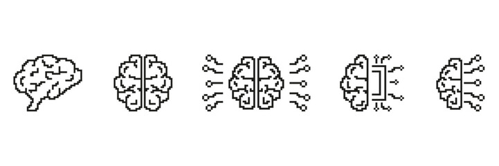 Pixel Art Brain And Technology Integration Icon Set. Cognitive Enhancement And Digital Connectivity. Ideal For Ai, Neuroscience, And Innovation Themes. Isolated Vector Illustration