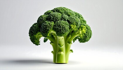 A fresh green broccoli, centered against a clean white background