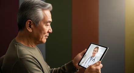 Senior Asian man consulting doctor via tablet on health poster