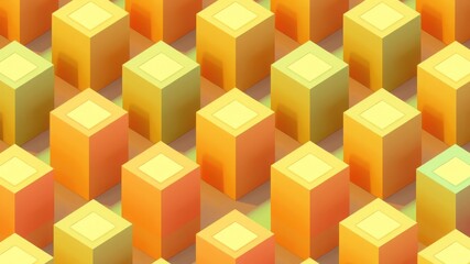 Isometric arrangement of yellow and orange cubes with square tops creating a pattern design look
