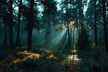 Obraz premium Tranquil Forest Sunrise Scene with Sunbeams Piercing Through Trees