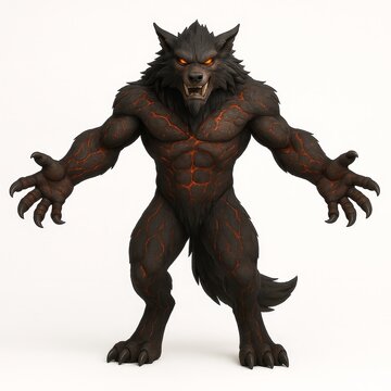 Smoldering Ember Werewolf Game Character in T Pose Isolated on Blank White No Background