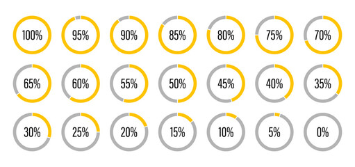 Circle diagram icons for infographics from 0 to 100 percent. Progress bars. Template of yellow and gray color fill pie charts indicator. Round graph loading progress set. Round percentage infographic