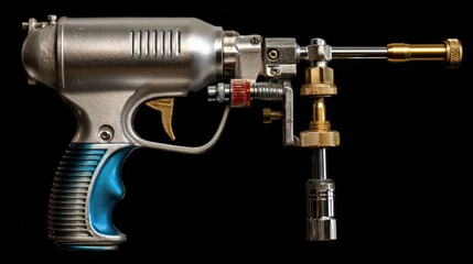 Detailed metallic device on black background with golden and blue accents