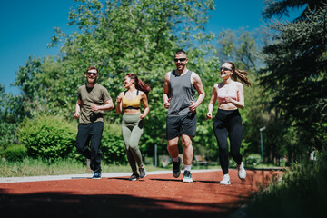 A diverse group of friends from Europe and Asia jogging on a scenic park path amidst lush greenery.