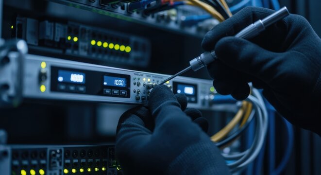 Hands in gloves carefully calibrating a timecode synchronization module mounted inside a dense server rack focusing on accuracy and system stability.