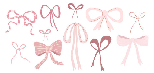 Pink vector bows set. Collection of decorative ribbons and gift bows in soft pastel tones. Perfect for holiday cards, packaging design, baby shower invitations, scrapbooking, and festive decorations