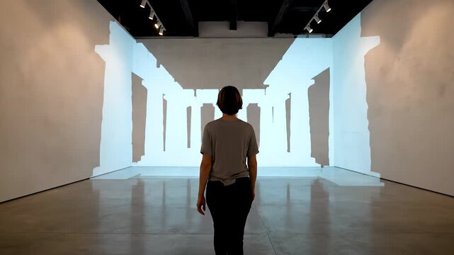 Rear view of a solitary woman walking through a minimalist gallery towards an immersive light projection of an ancient temple, creating an illusion of depth and movement in a modern art space