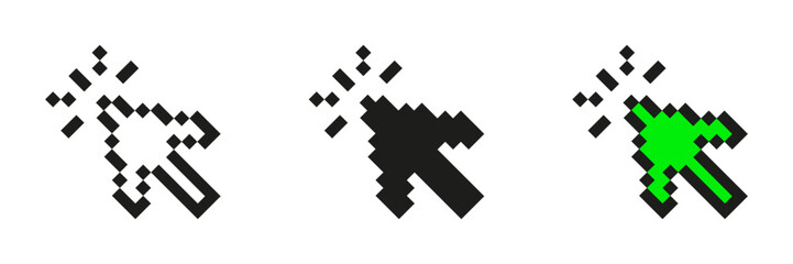 Obraz premium Pixelated Cursor Arrow Icon Set. Retro Digital Navigation Symbol Collection. Black And Green Pixel Art Design For User Interface And Web Design. Isolated Vector Illustration