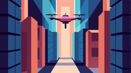 Obraz premium A drone navigating through narrow alleys between highrise buildings showcasing agility and advanced technology.