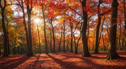 Obraz premium Sunlight Shining Through Autumnal Trees with Vivid Red Leaves and Shadowed Forest Floor