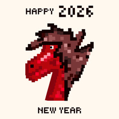 Obraz premium 2026 Happy New Year. Pixel art vector 2026 greeting poster cover with zodiac animal. Modern geometric Pixel retro stylish 2026 holiday card background brochure collection.