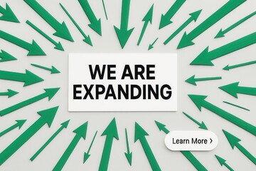 Obraz premium WE ARE EXPANDING promotional banner with dynamic arrow accents, modern retail growth offer on transparent background.