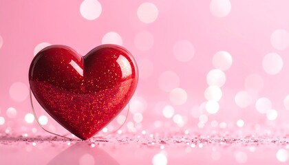 A gleaming red heart on a pink surface, with sparkling bokeh effect