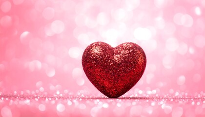 A glittery red heart stands against a pink sparkling bokeh backdrop