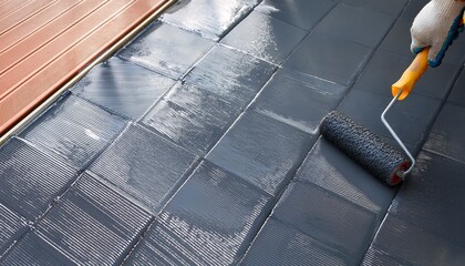 hand painted gray flooring with paint rollers for waterproof reinforcing net repairing waterproofing deck flooring