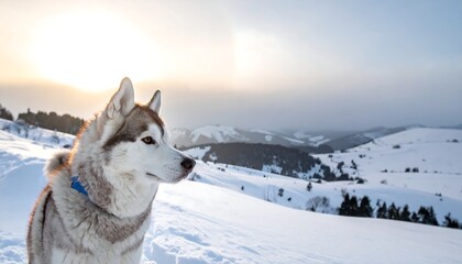 Naklejka premium A husky dog sits amidst snowy mountains, looking towards the sunrise