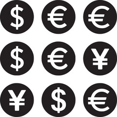 Obraz premium Nine black circles displaying currency symbols including dollar euro and yen on a white background