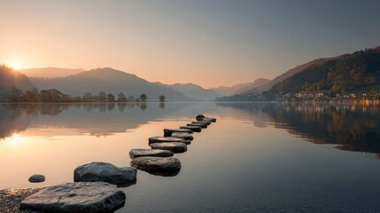 Stone pathway leads across calm water to scenic mountains at sunrise