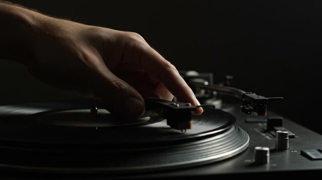 Closeup of a DJs hand operating a turntable with vinyl record in a dark environment capturing detailed movements and precise control