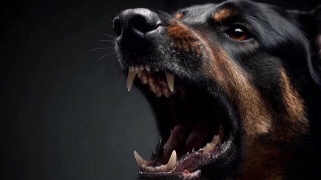 Fierce Rottweiler: A close-up shot captures the intense gaze and open jaws of a Rottweiler, showcasing its formidable teeth, radiating power and a clear warning sign. 