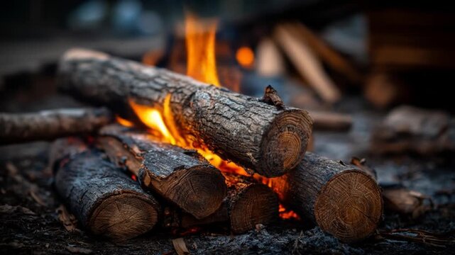 Stacked logs burn brightly, creating a warm, orange glow in the darkness of the night