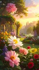 A vibrant garden at dawn, filled with blossoms.  Arched walkways and lush greenery frame a serene scene