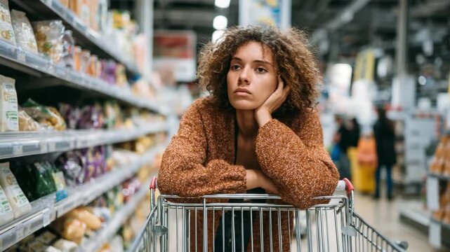 Grocery Store Stare: A woman leans wearily against a shopping cart in a brightly lit grocery store aisle, her expression a mix of fatigue and contemplation, reflecting on daily tasks and choices. 