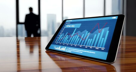 Businessman observing financial data on tablet in modern office setting - Powered by Adobe