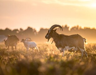 Obraz premium A goat with majestic horns stands in a field with others at sunset