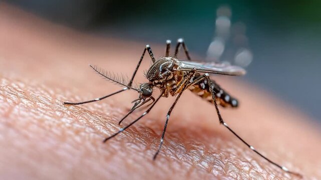 A Mosquito Bites on Human Skin: An up-close shot captures a mosquito as it bites down onto human skin, illustrating a scene of an insect interaction with human body.