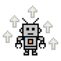 Cartoon pixel art of humanoid robot or ai learning skill robotic chat bot robots business vector character automation background 8 bit decoration.