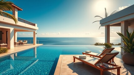 Fototapeta premium Luxurious tropical villa overlooks the serene ocean with inviting swimming pool and sunbeds under a clear blue sky on a bright and sunny day escape vacation spot.
