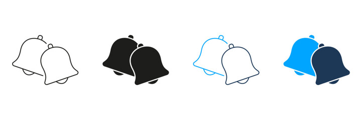 Two Bells Line And Solid Icon Set. Notification, Alert, And Reminder Symbol Collection. Communication And Sound Indication. Isolated Vector Illustration